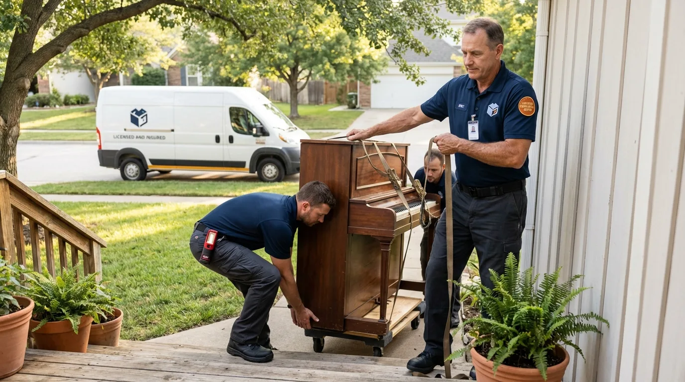 Licensed piano movers securing grand piano in South Windsor, CT