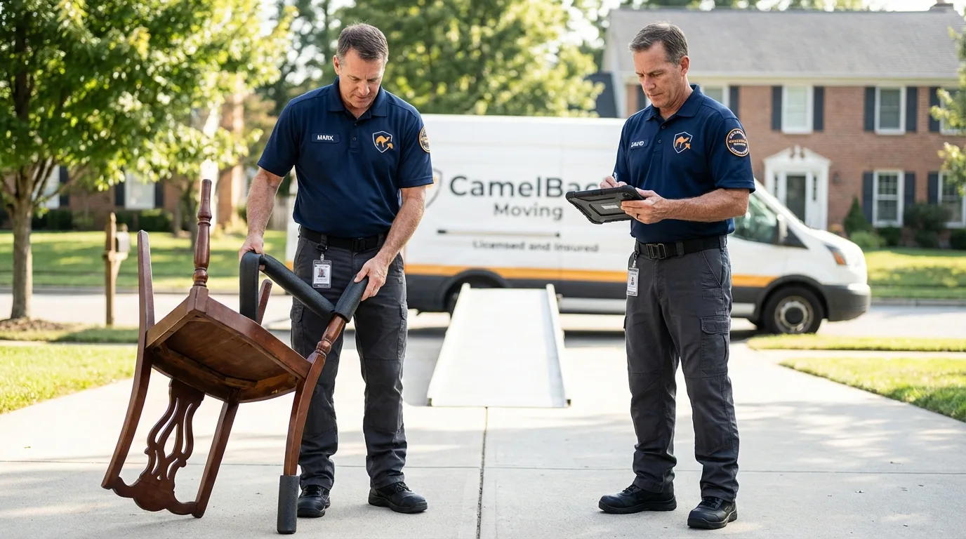 Movers inspecting furniture for damage prevention before loading in South Windsor, CT