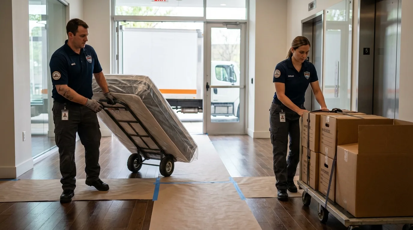 Professional apartment movers loading elevator in South Windsor, CT